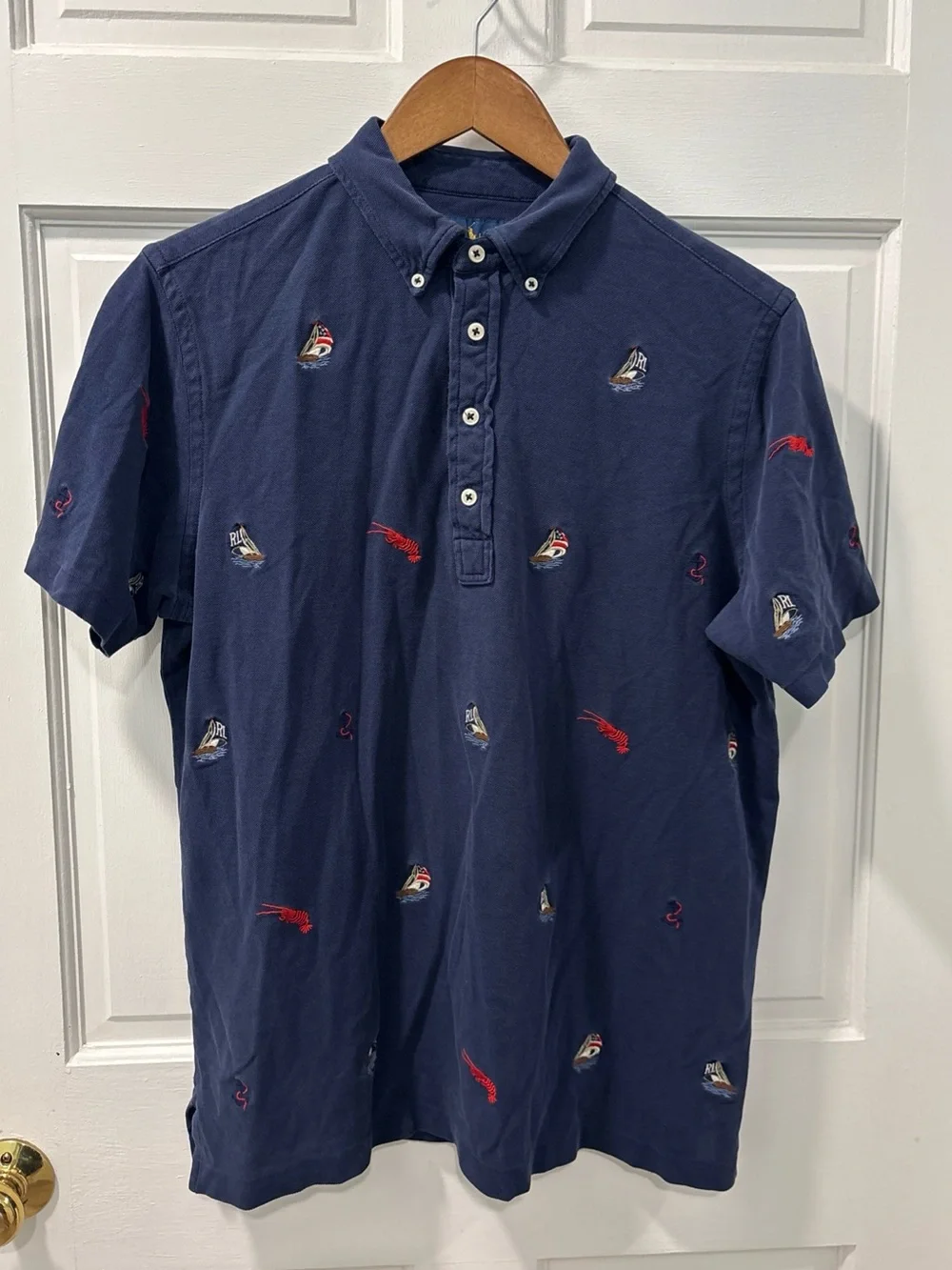 Ralph Lauren Men’s Navy Knit Oxford Polo Size M Nautical Lobsters Preppy EUC